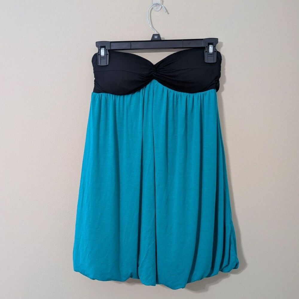 Y2K Strapless 2000s Bubble Hem Blouse Black & Blue Sweetheart Bust Sz S
